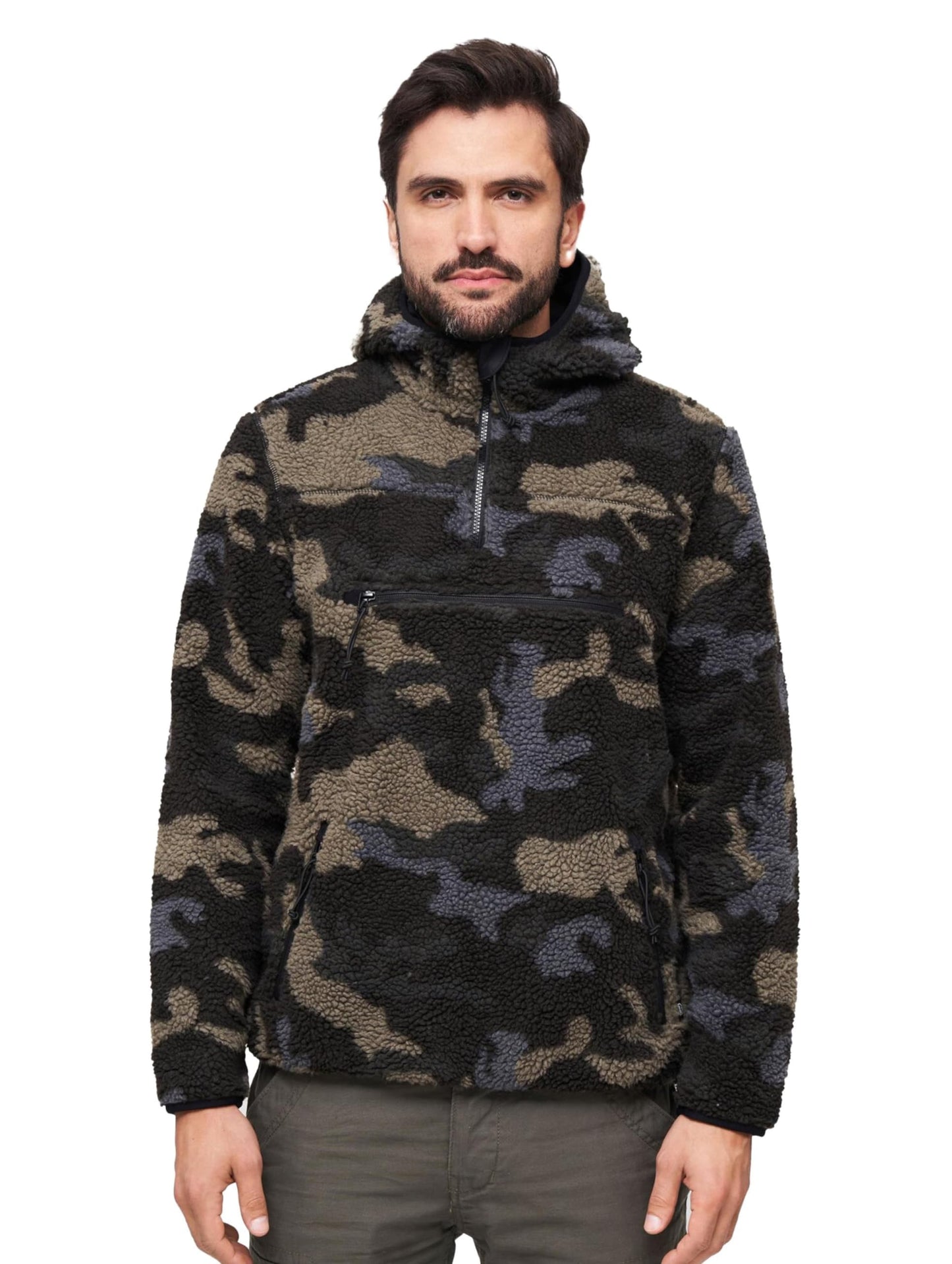 Brandit Men’s Hooded Fleece Quarter Zip Pullover | Warm Outdoor Hoodie