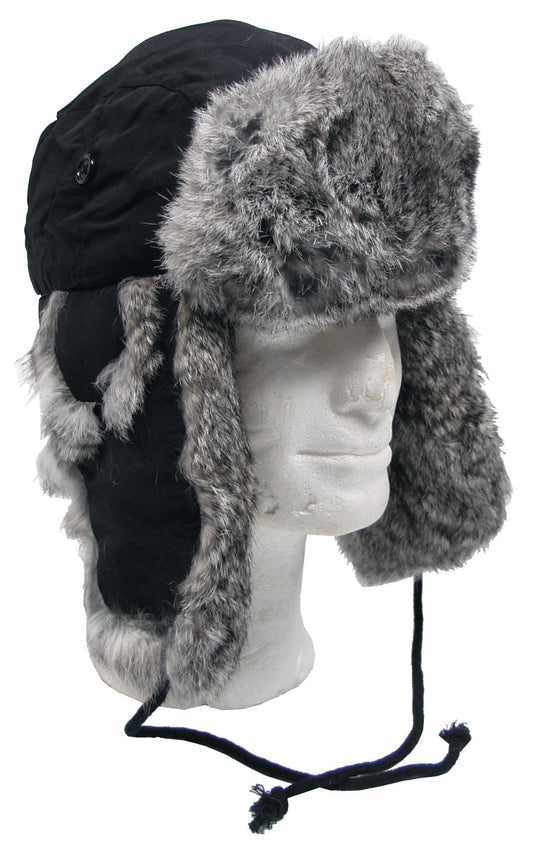 MFH Winter Cap – Black with Grey Rabbit Fur Ushanka Hat L