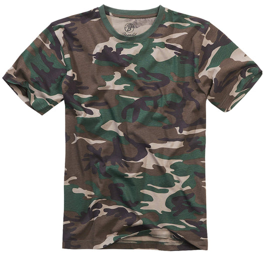 Brandit Men’s T-Shirt – Woodland Camo Cotton Crew Neck Outdoor Top, Size M
