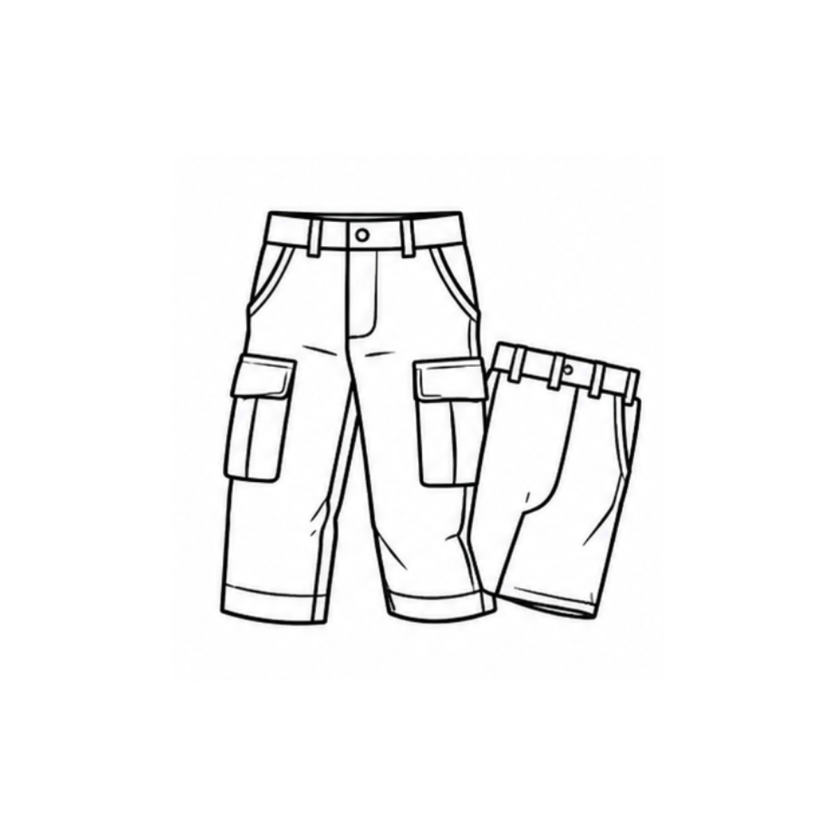 Line drawing of a pair of cargo shorts on a white background
